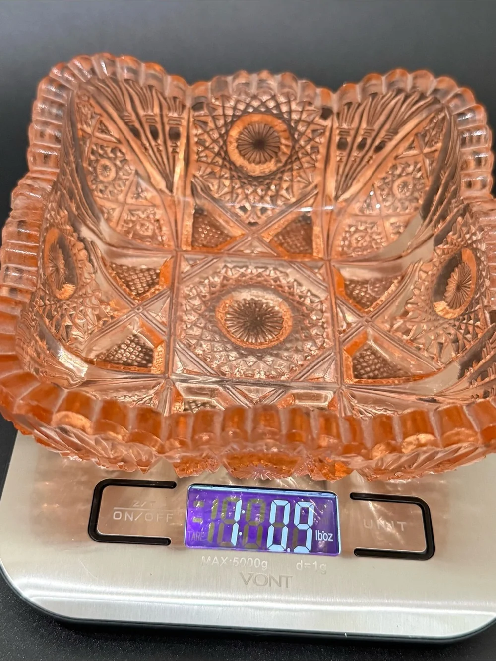 Vintage Salmon Pink Depression Pressed Glass Sawtooth Rim Square Candy Dish